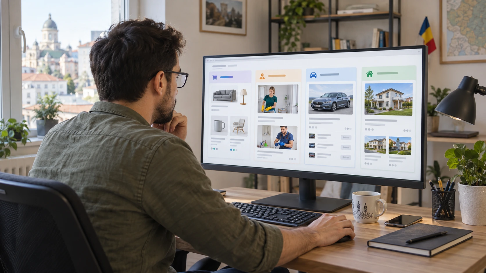 Persoană care compară categorii de produse servicii auto și imobiliare pe o platformă online